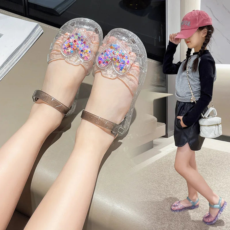 2026 Girls PVC Love Crystal Jelly Sandals Breathable Anti-slip Fashion Flat Summer Outdoor Shoes Size 24+ For Baby Kids