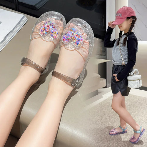 2026 Girls PVC Love Crystal Jelly Sandals Breathable Anti-slip Fashion Flat Summer Outdoor Shoes Size 24+ For Baby Kids