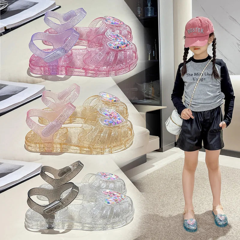 2026 Girls PVC Love Crystal Jelly Sandals Breathable Anti-slip Fashion Flat Summer Outdoor Shoes Size 24+ For Baby Kids